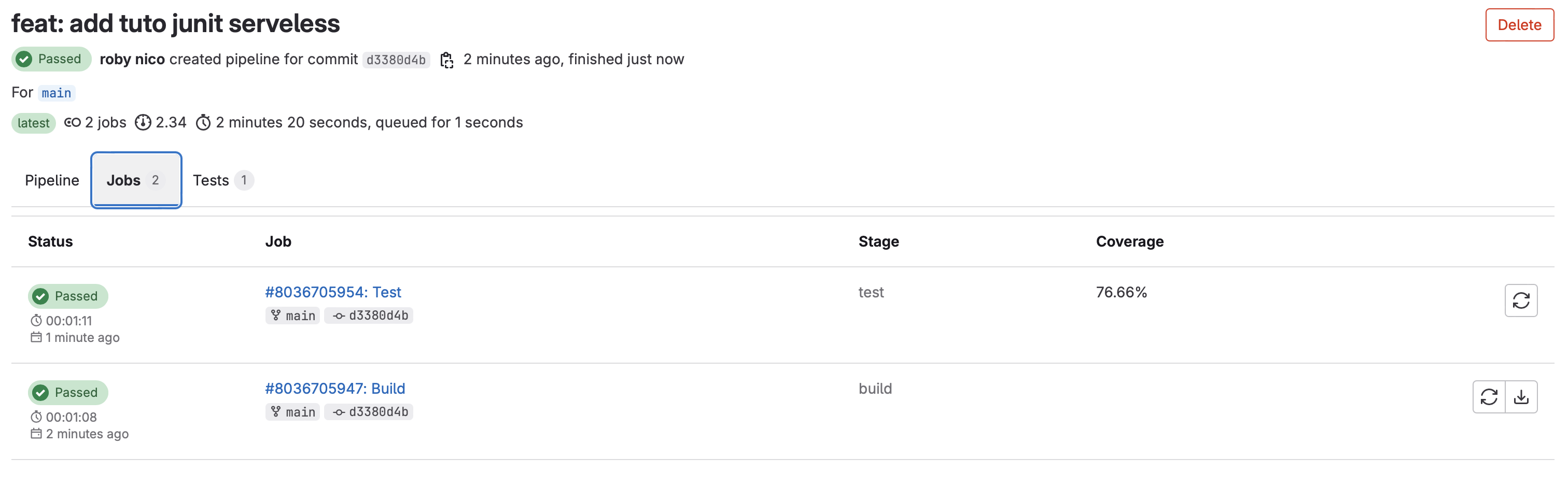 Code coverage job